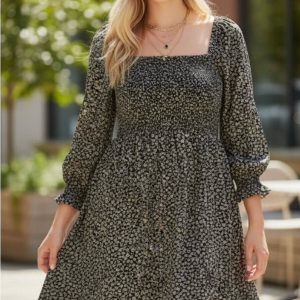 Madewell Black and White Floral Long Sleeve Dress
